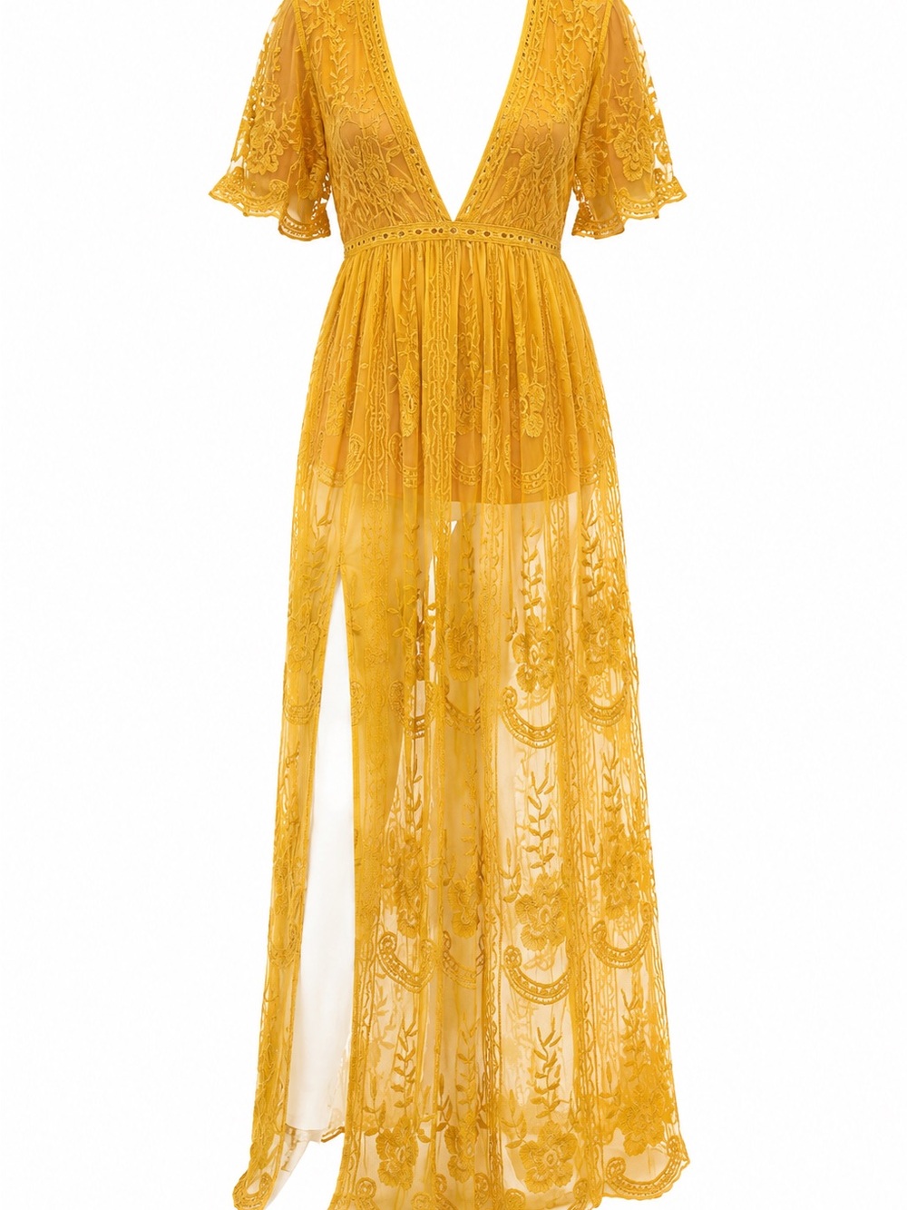 Mustard Lace Maxi Dress with Deep V